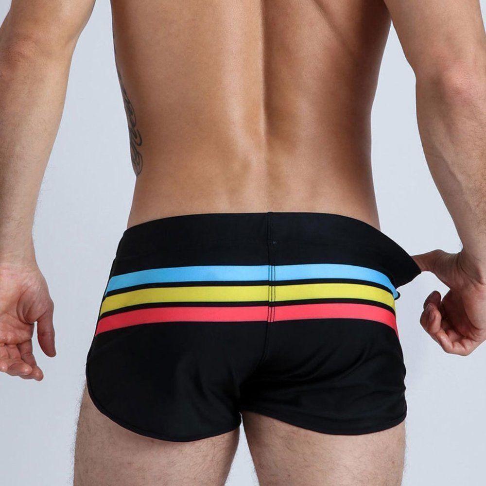 Men's Sexy Striped Swimwear Trunks Resort Shorts Black - Picture 4 of 5